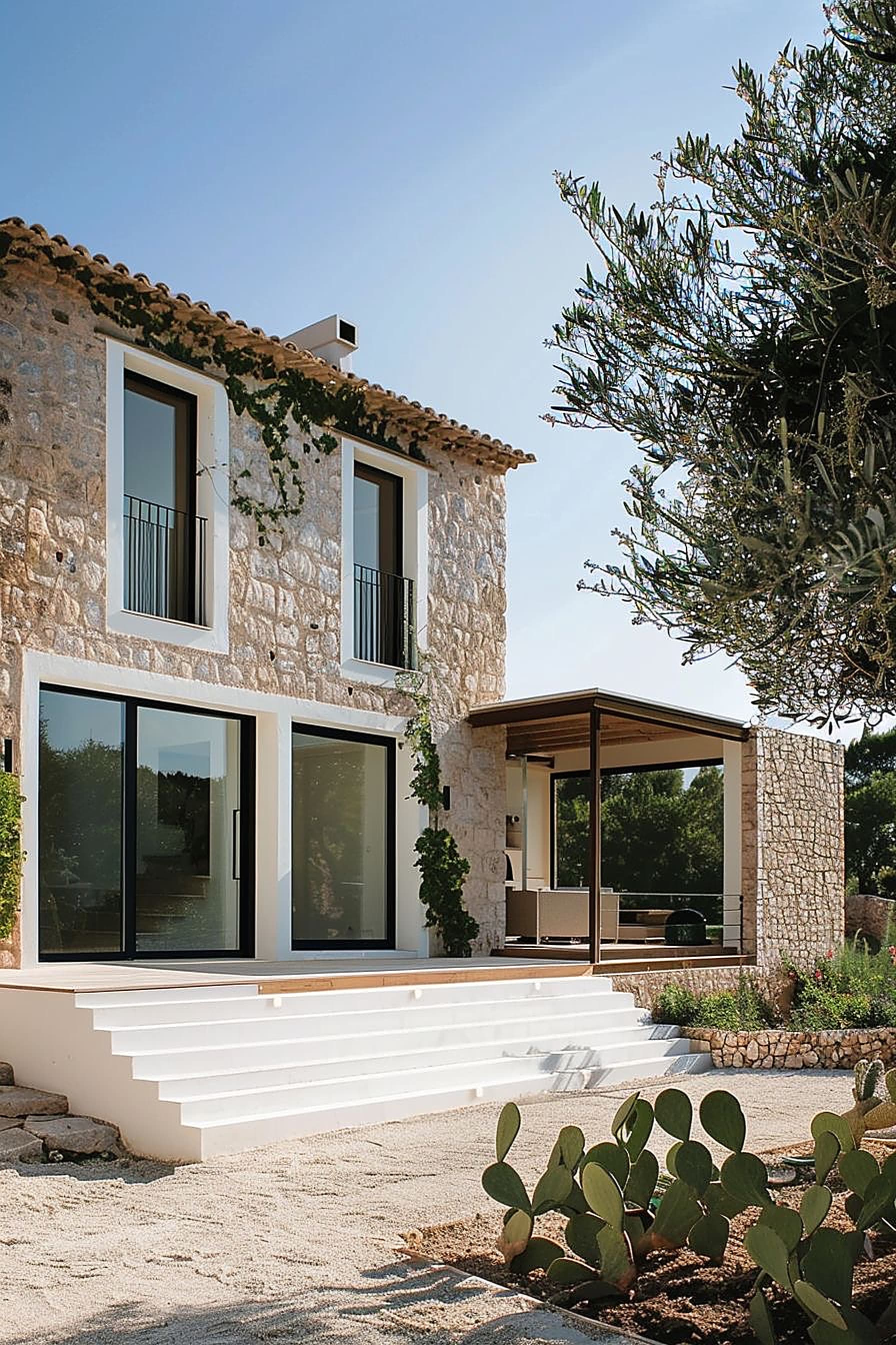 Rockface dogal tas kaplamali villa dis cephesi ve zeytin agaci